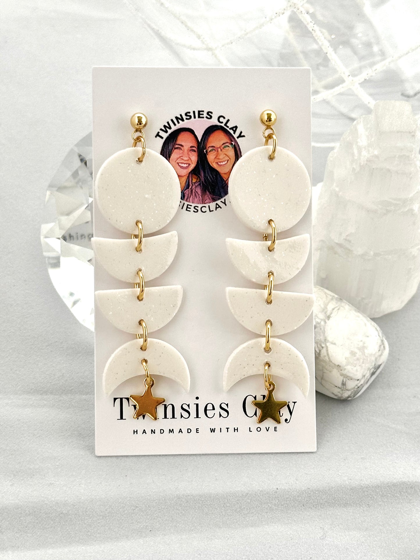 Moon Phases White Glitter Earring