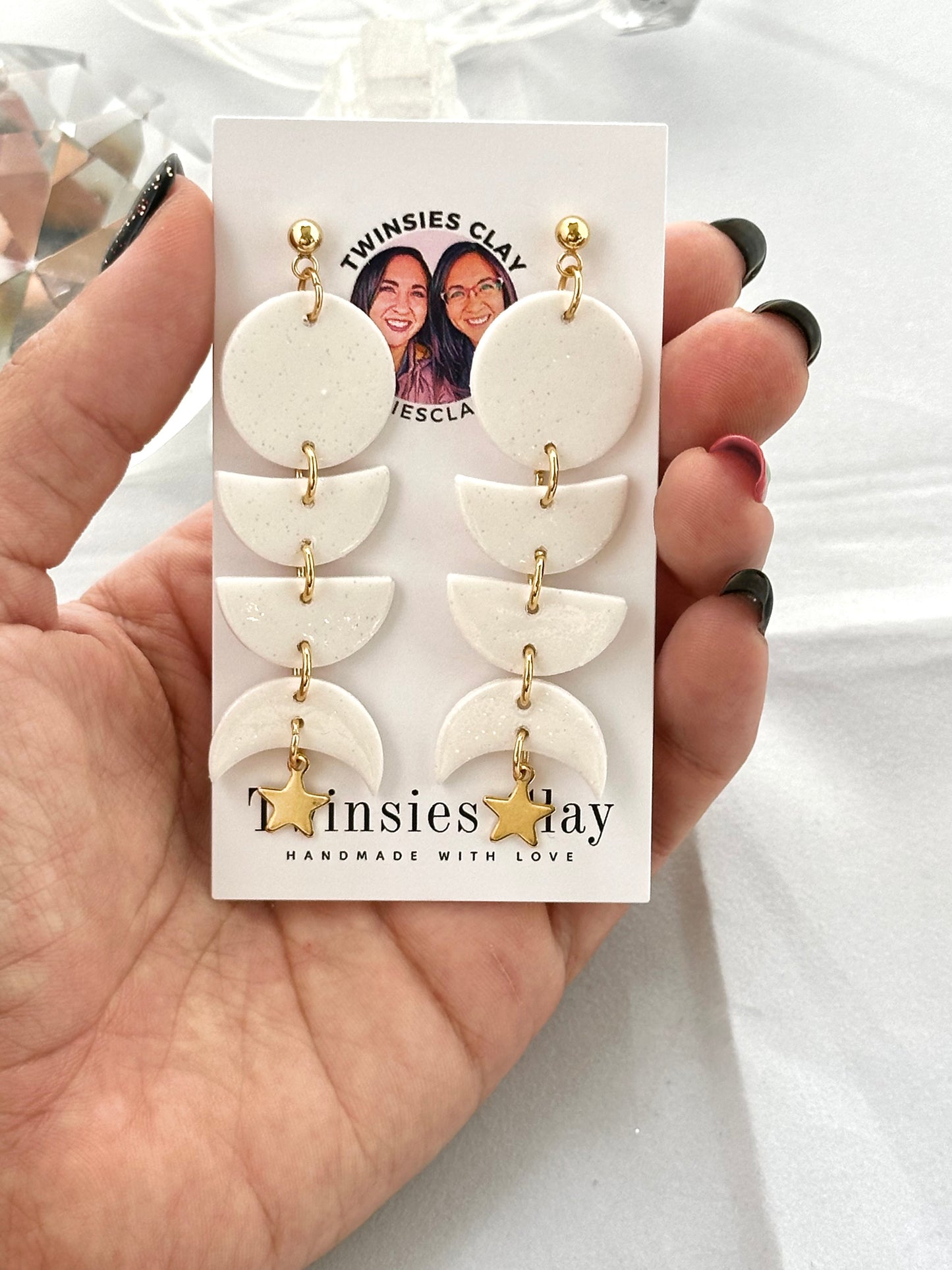 Moon Phases White Glitter Earring