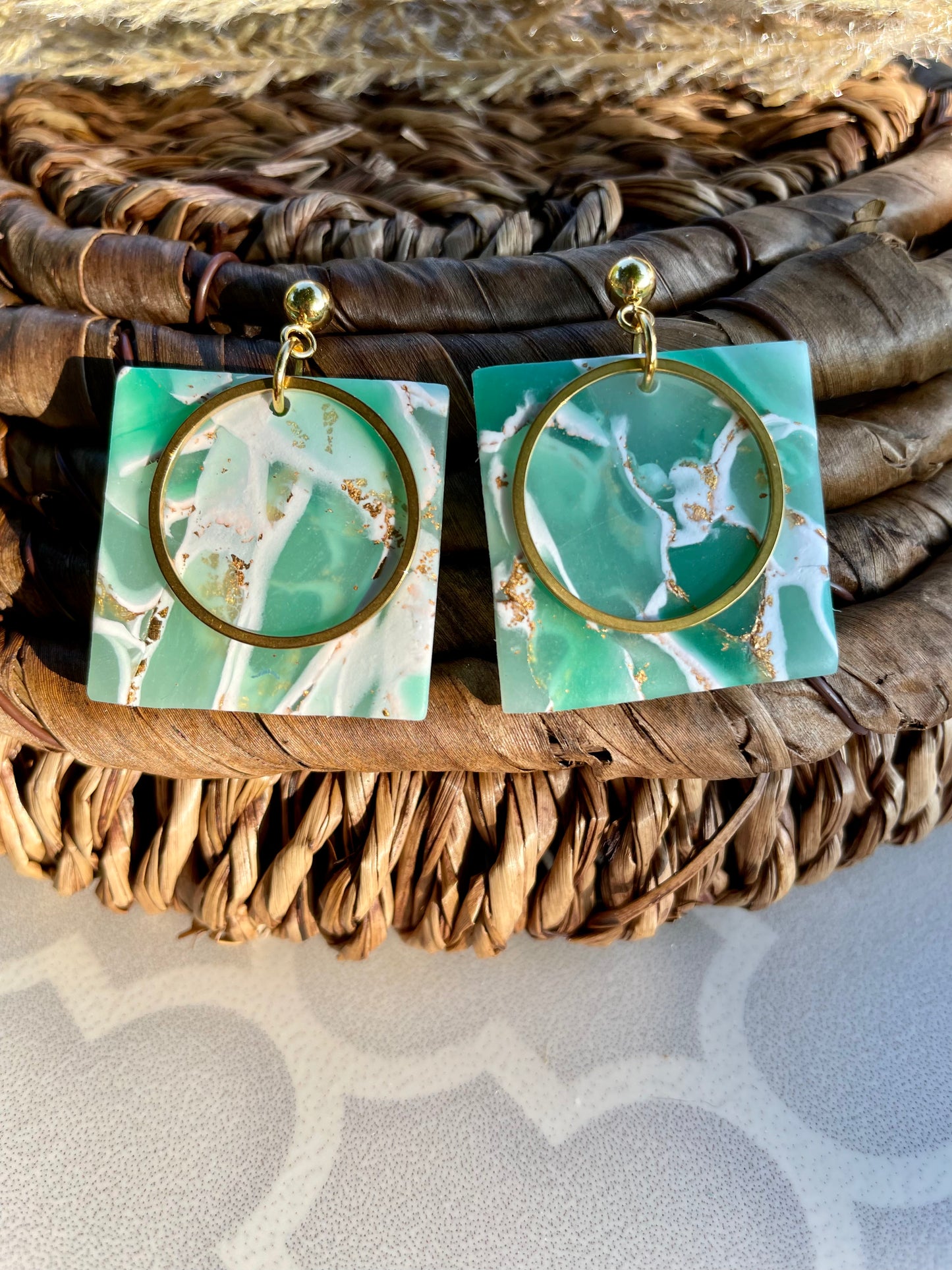 Faux Jade Brass Ring Earrings
