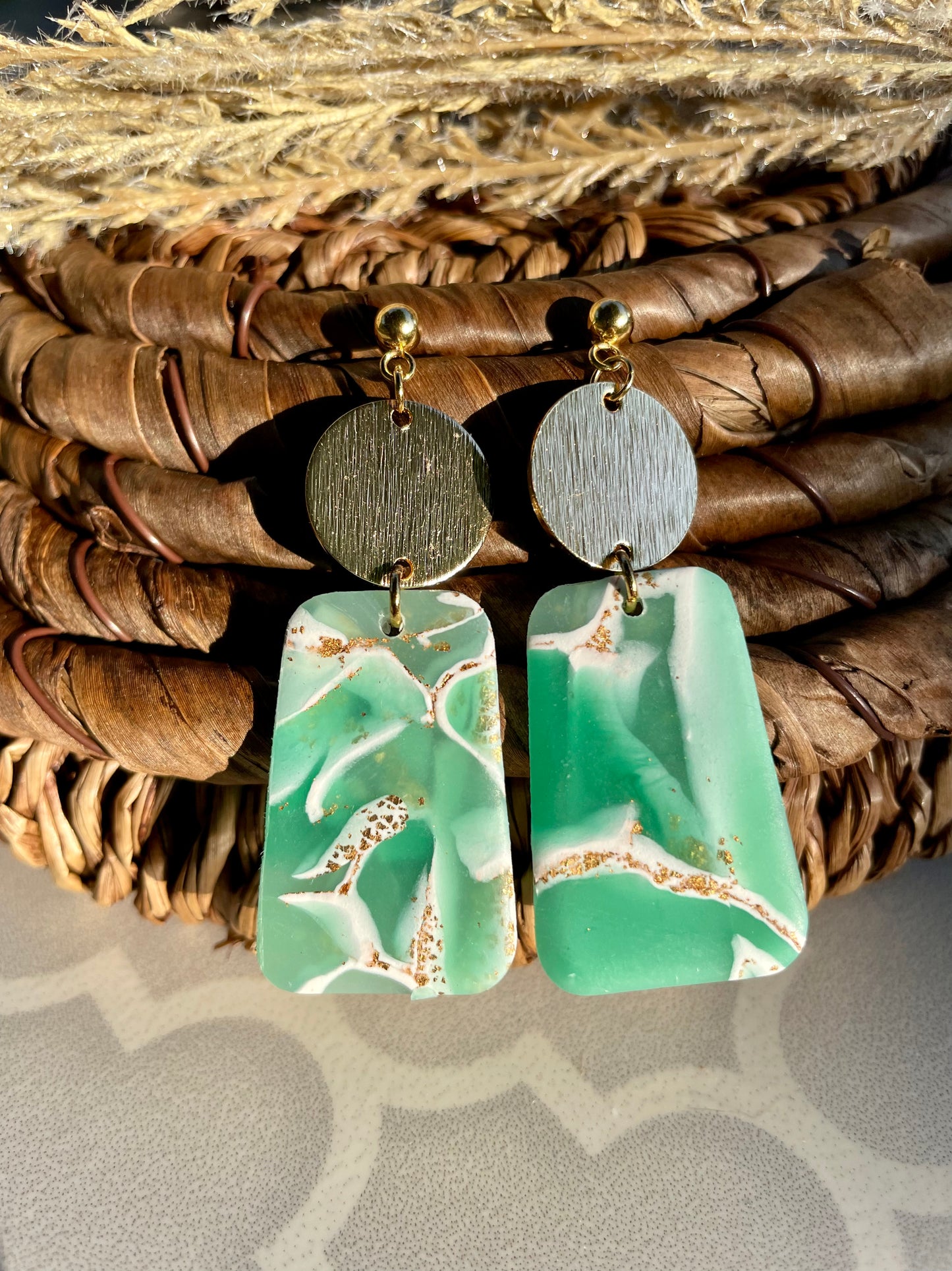 Faux Jade Gold Disc Earrings