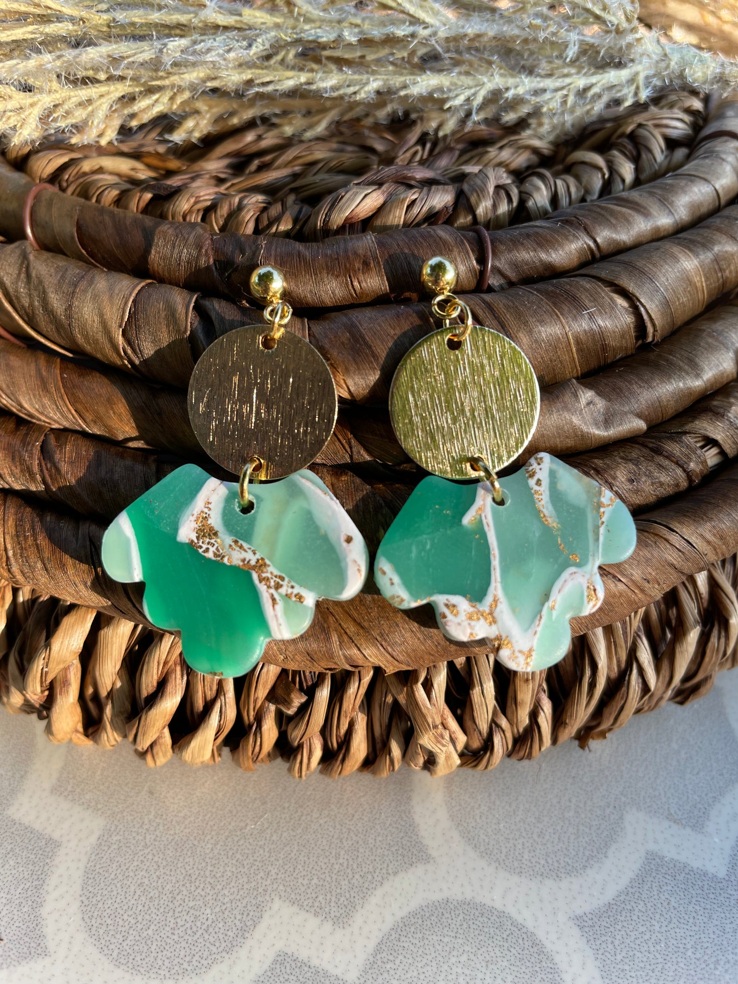 Faux Jade Gold Disc Earrings